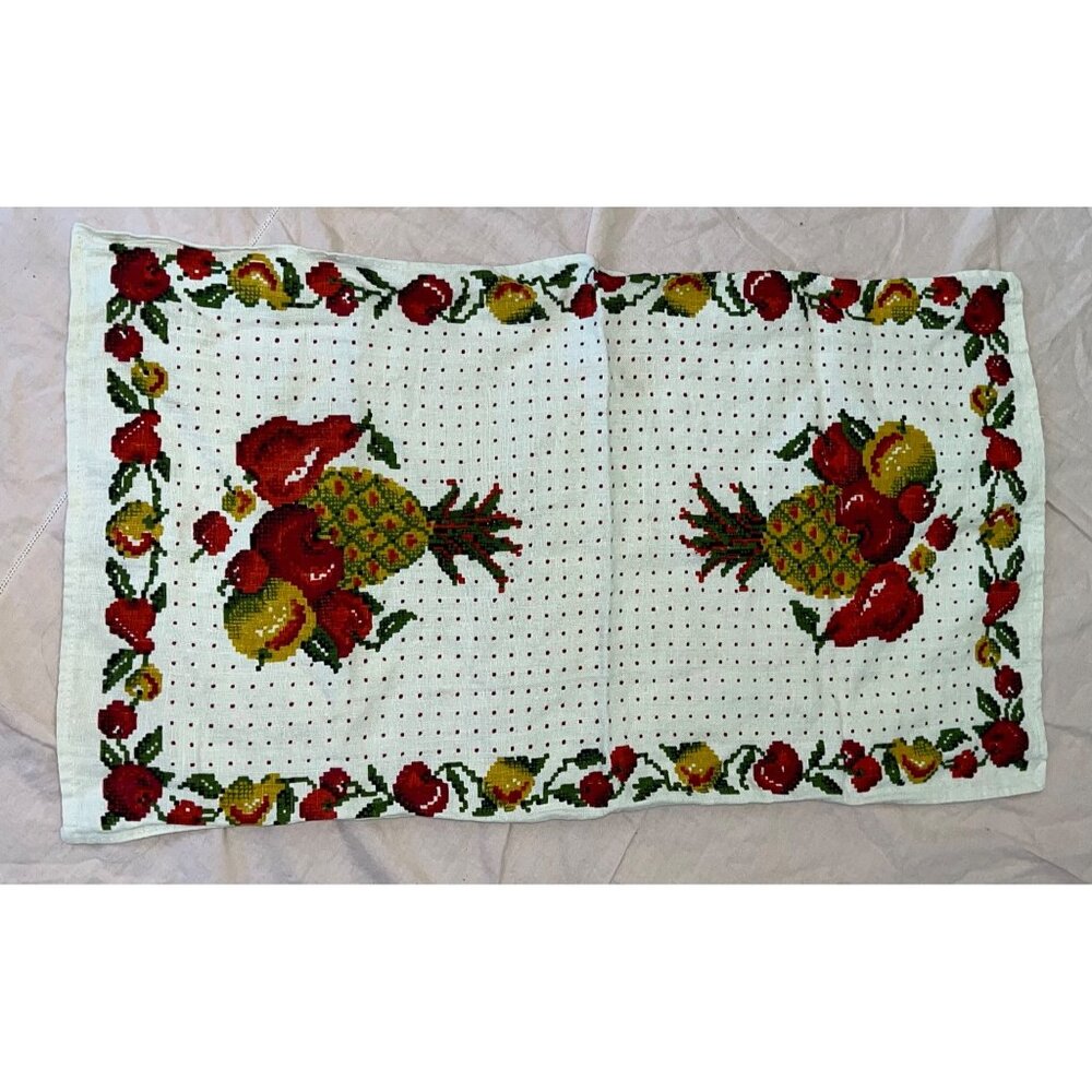Vintage Parisian Prints Linen Tea Towel With Fruit Cross-Stitch Pattern 27"x15"